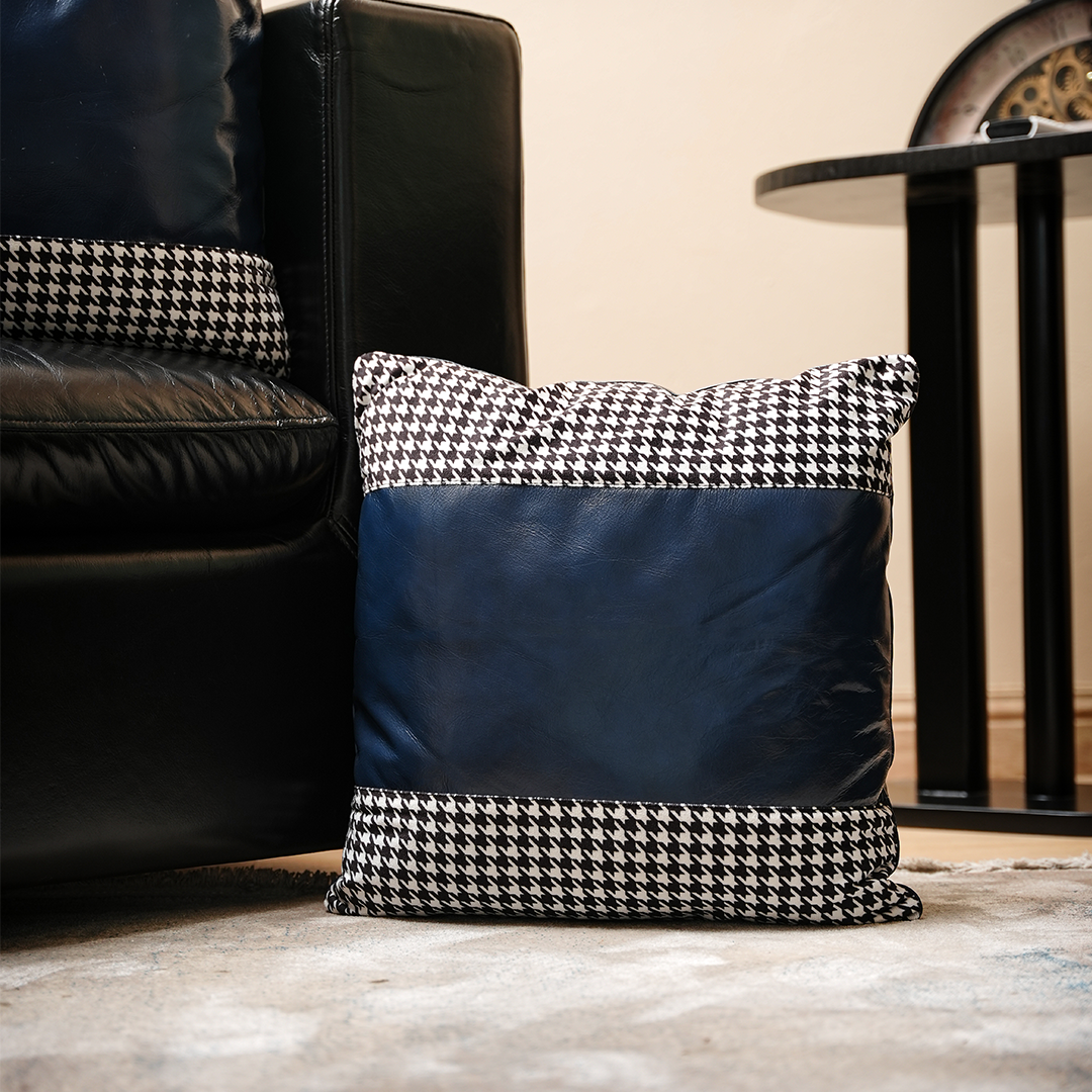 Blue Houndstooth Cow Leather Cushion – Bold Texture | Leather Galleria