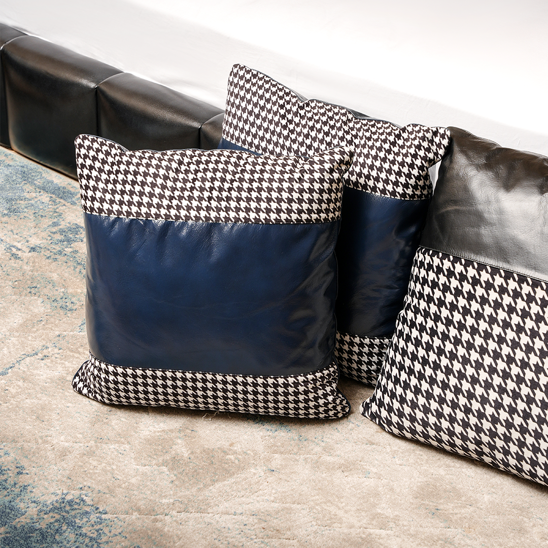 Blue Houndstooth Cow Leather Cushion – Bold Texture | Leather Galleria