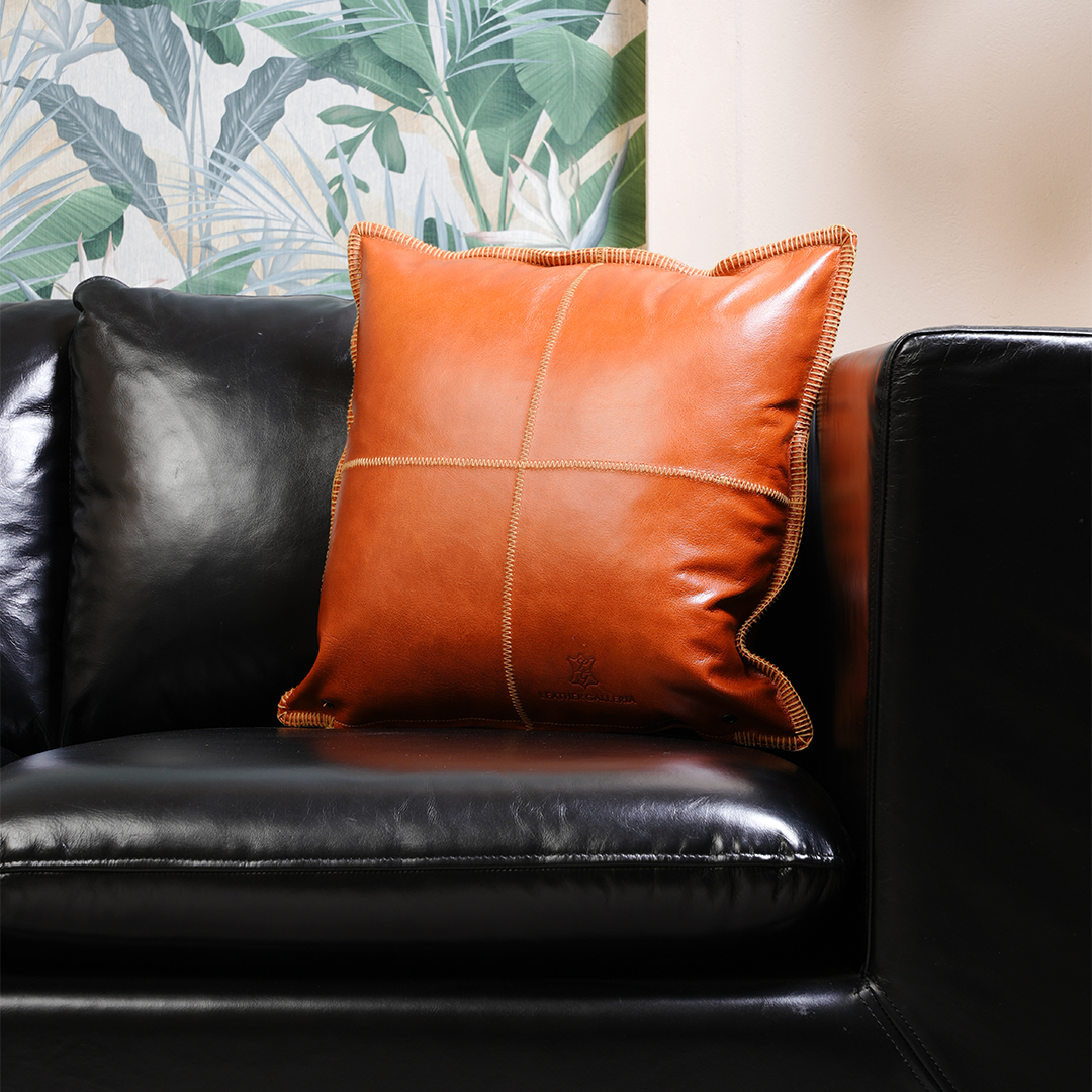Cognac Grid Cushion – Modern Lines, Timeless Leather | Leather Galleria