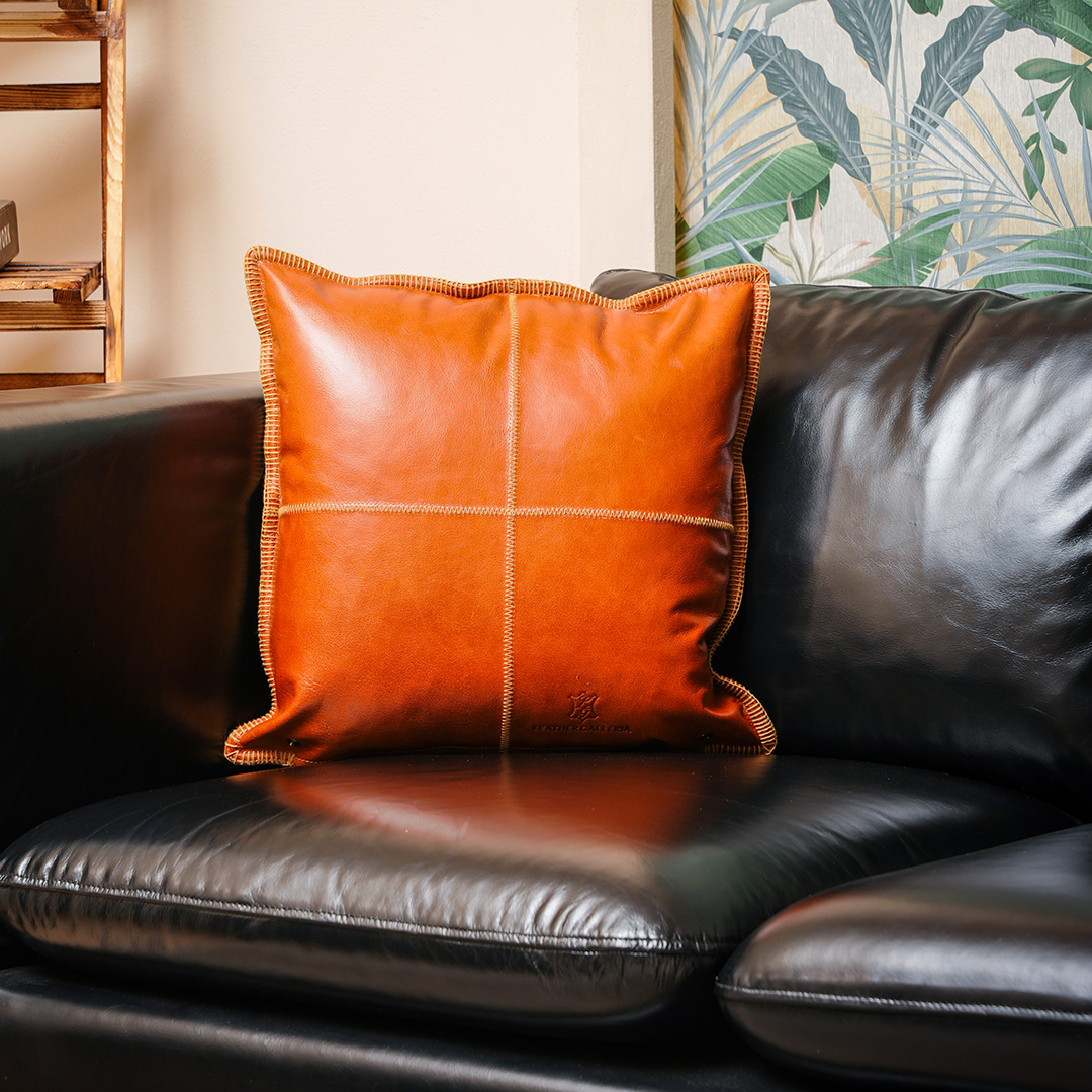 Cognac Grid Cushion – Modern Lines, Timeless Leather | Leather Galleria