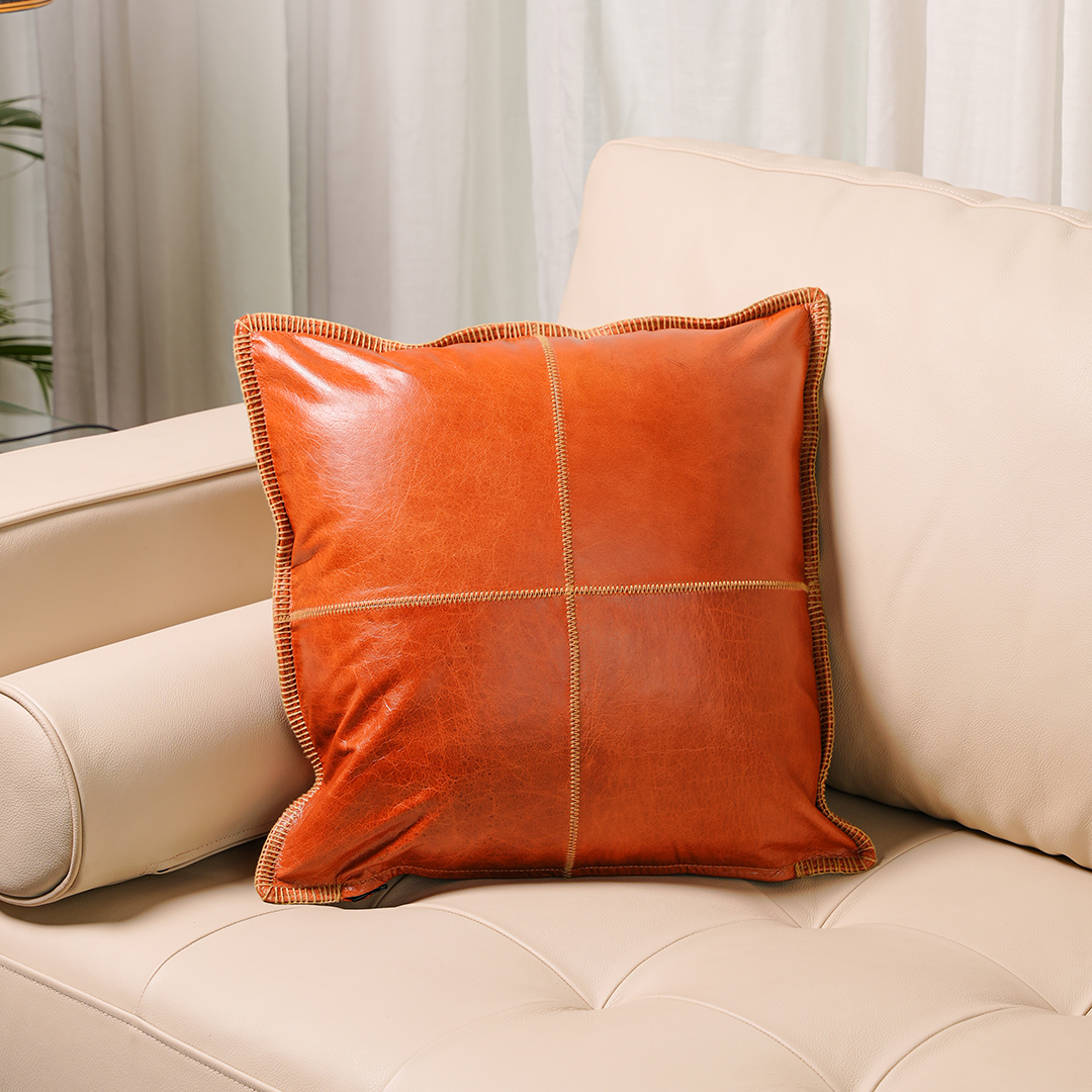 Cognac Grid Cushion – Modern Lines, Timeless Leather | Leather Galleria